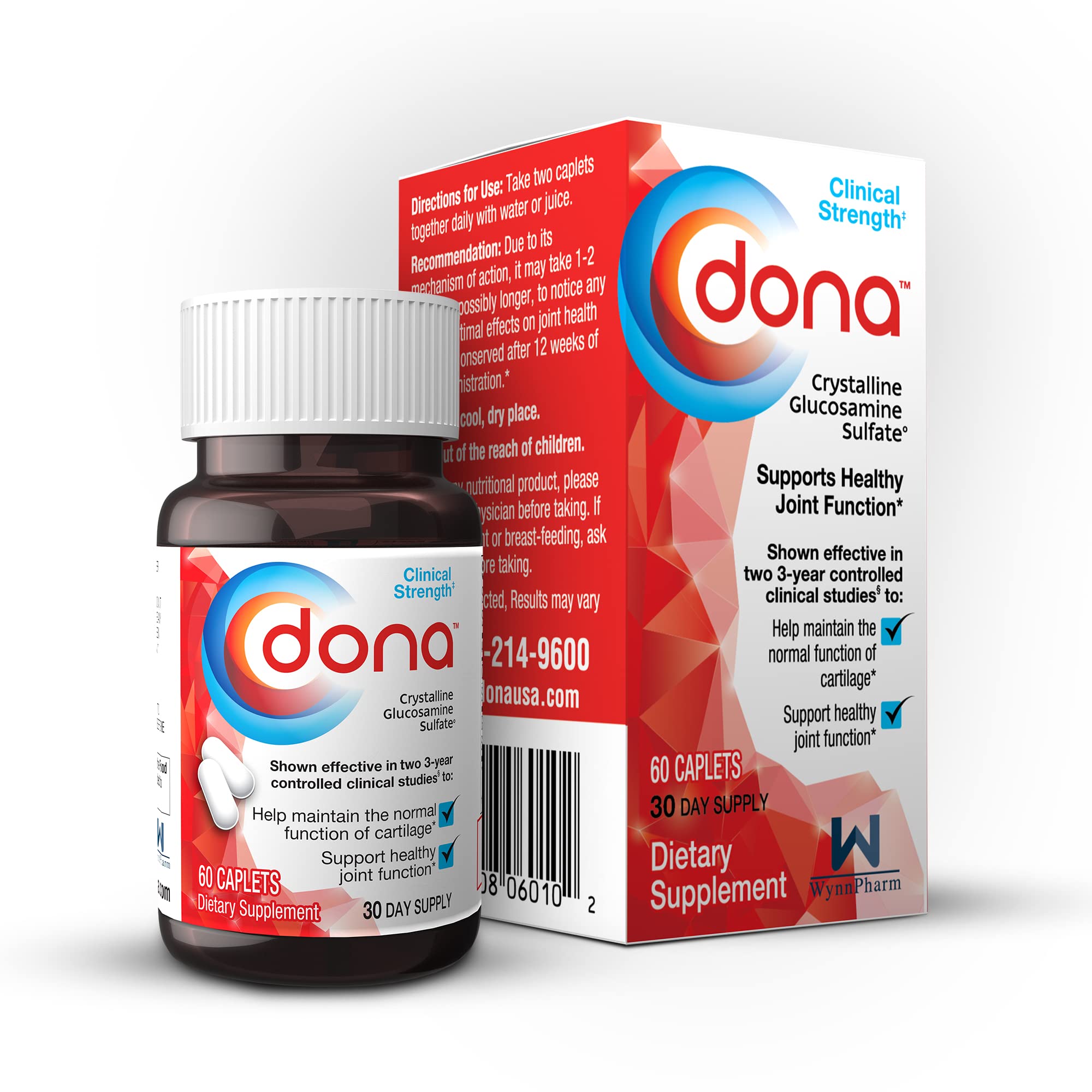 Dona Crystalline Glucosamine Sulfate bottle front showing joint support benefits