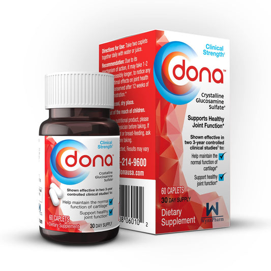 DONA Crystalline Glucosamine Sulfate bottle supports joint health for daily mobility