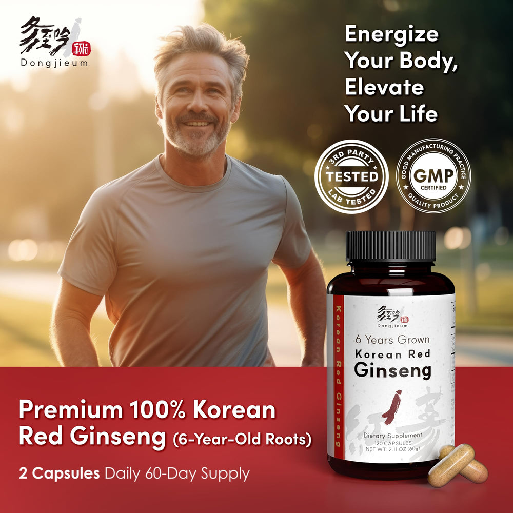 Dongjieum Korean Red Ginseng capsules closeup showcases premium powder for daily balance.