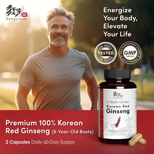 Dongjieum Korean Red Ginseng capsules closeup showcases premium powder for daily balance.