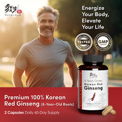 Dongjieum Korean Red Ginseng capsules closeup showcases premium powder for daily balance.
