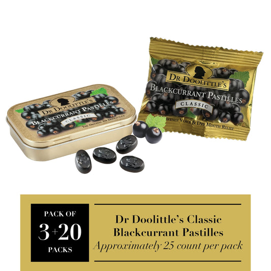 DOOLITTLE Dr Classic Soft Fruit Pastilles Blackcurrant tin side view highlighting compact packaging.