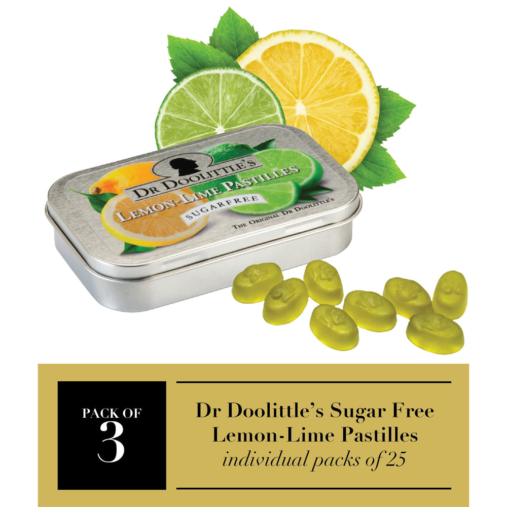 DOOLITTLE lemon-lime pastilles close-up highlighting fruity taste and sugar-free breath refresh.
