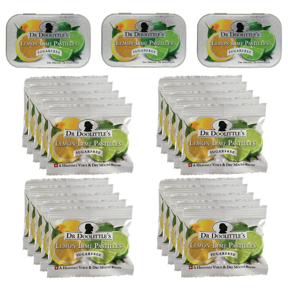 DOOLITTLE Dr Sugar Free Soft Fruit Pastilles Lemon Lime in tin for on-the-go throat moisture