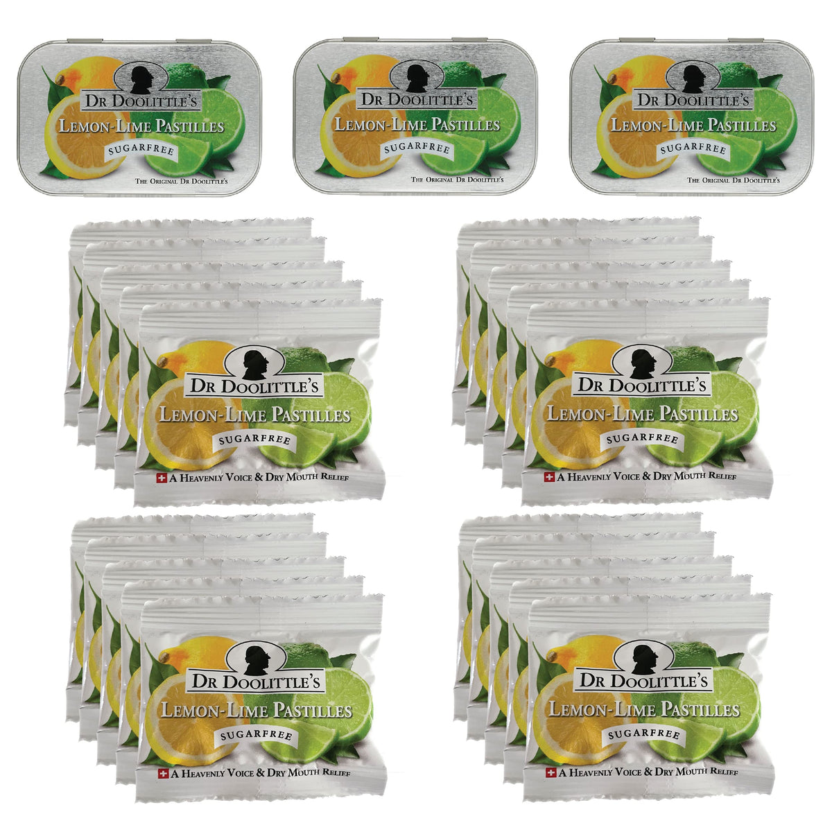 DOOLITTLE Dr Sugar Free Soft Fruit Pastilles Lemon Lime in tin for on-the-go throat moisture