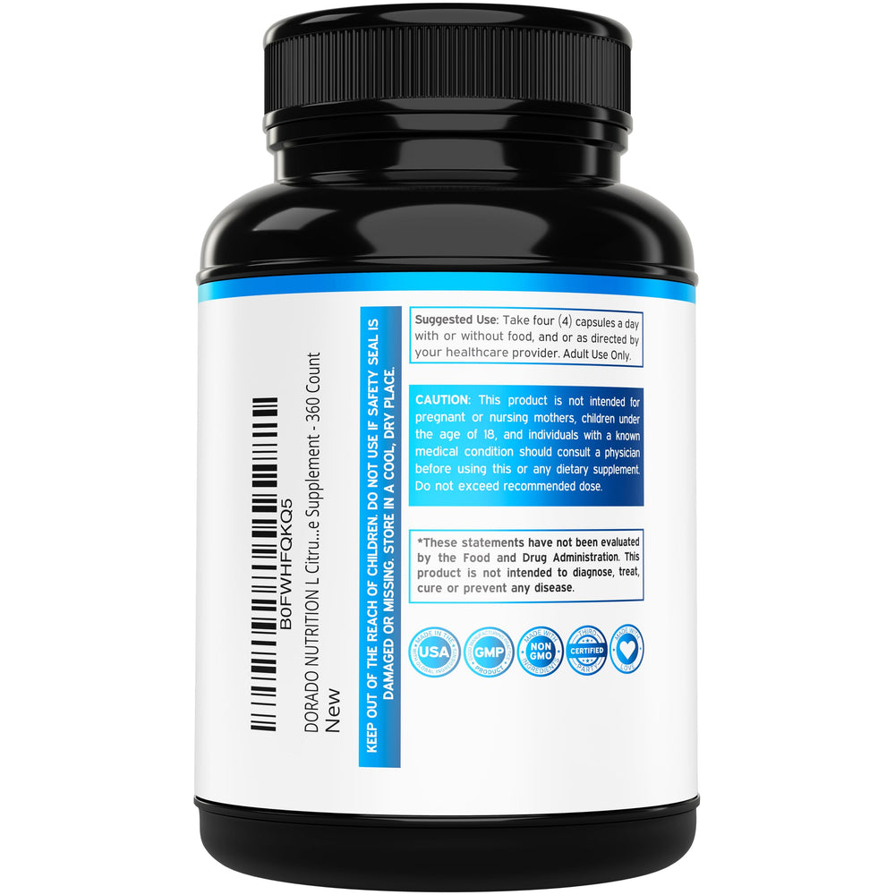 Dorado Nutrition L Citrulline 3000mg capsules closeup shows vegan, non-GMO capsules