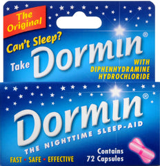Dormin Nighttime Sleep-Aid bottle with 72 capsules for occasional sleepless nights