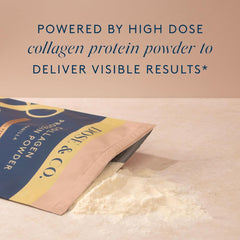 Dose & Co vanilla collagen shown in a morning routine setup with glass of water.