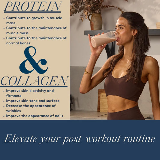 Dose & Co vanilla collagen powder being poured into a glass for a tasty drink.