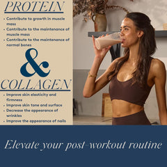 Dose & Co vanilla collagen powder being poured into a glass for a tasty drink.