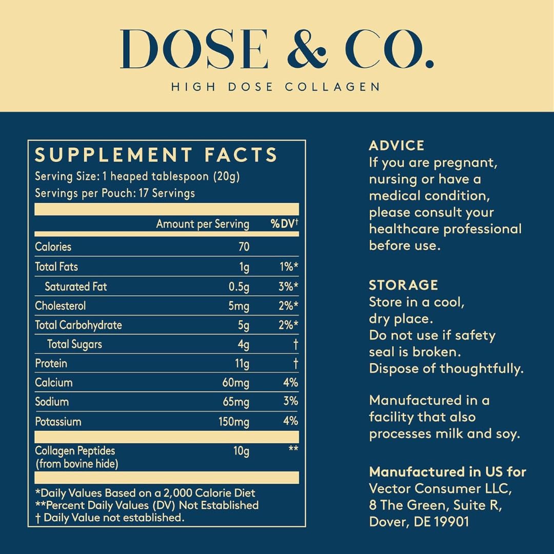DOSE & CO Vanilla Collagen Creamer sideview emphasizes compact 12 oz pouch