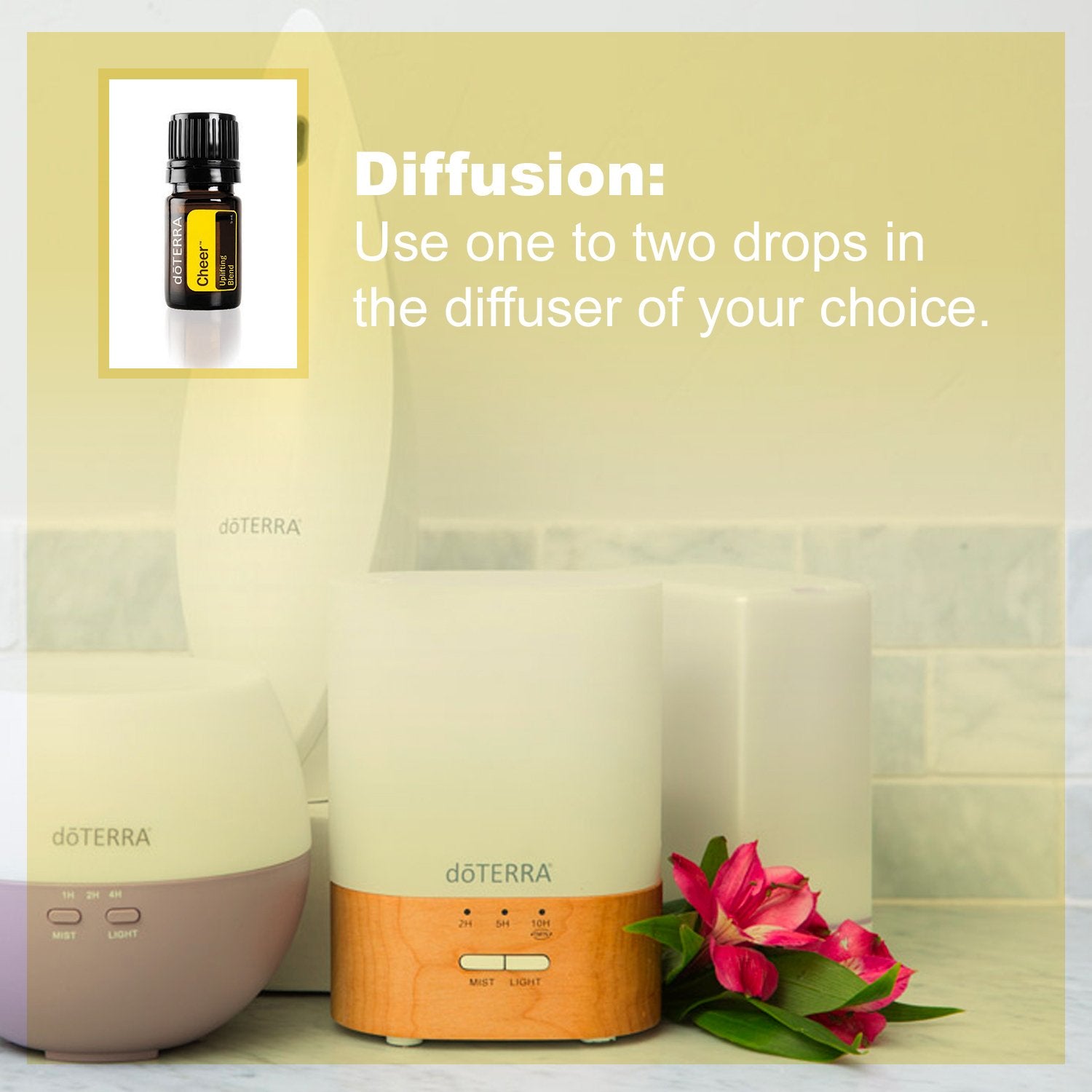 Drops from the doTERRA Cheer bottle for quick aromatherapy sessions.