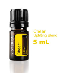 Close-up of doTERRA Cheer label highlighting uplifting citrus and spice notes.