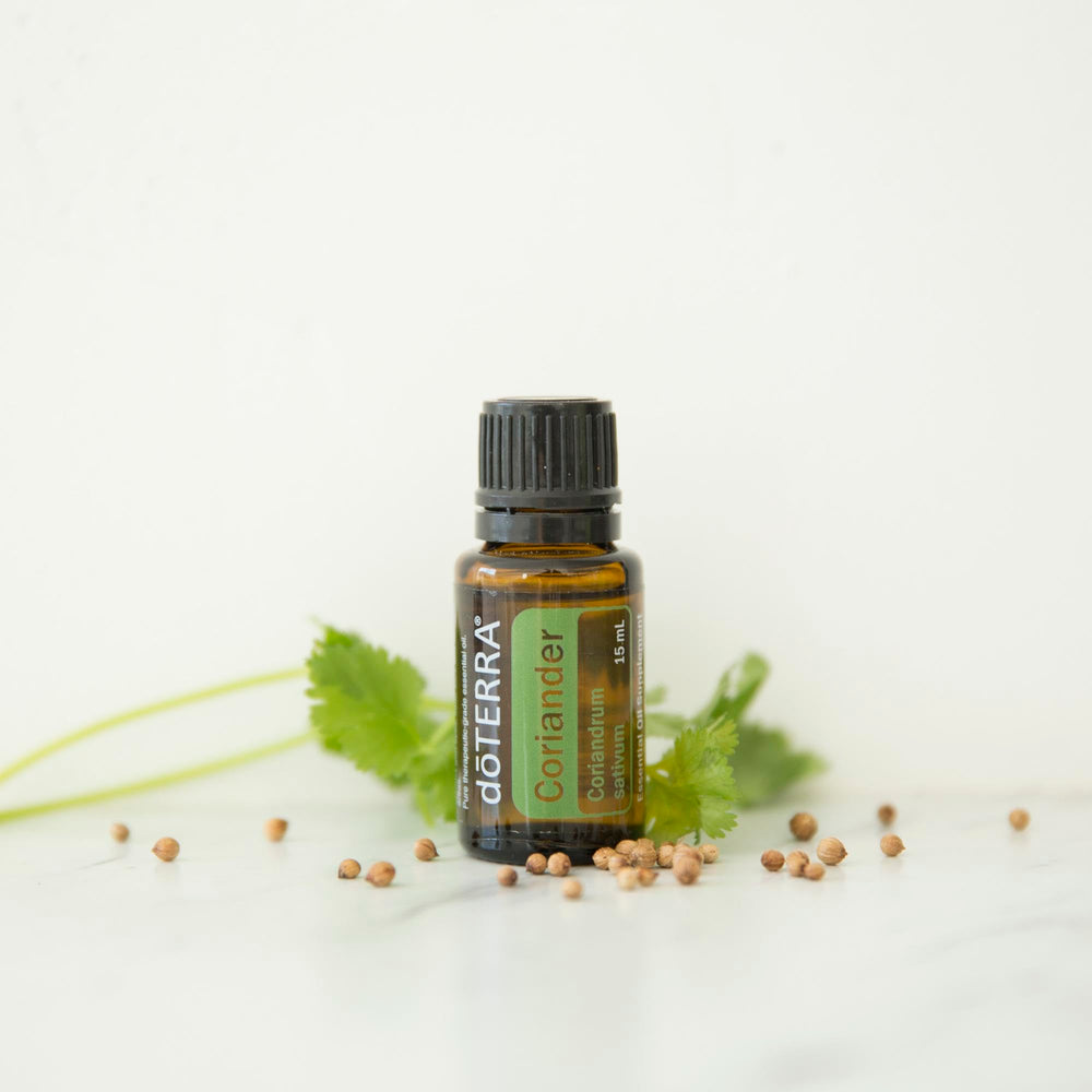 doTERRA Coriander essential oil label closeup emphasizing quality for skin clarity and digestion