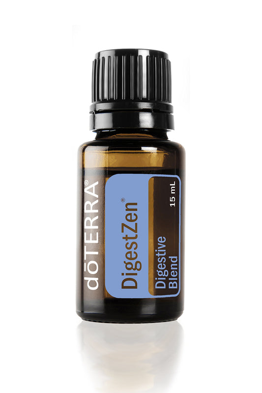 doTERRA DigestZen bottle front for digestive support.