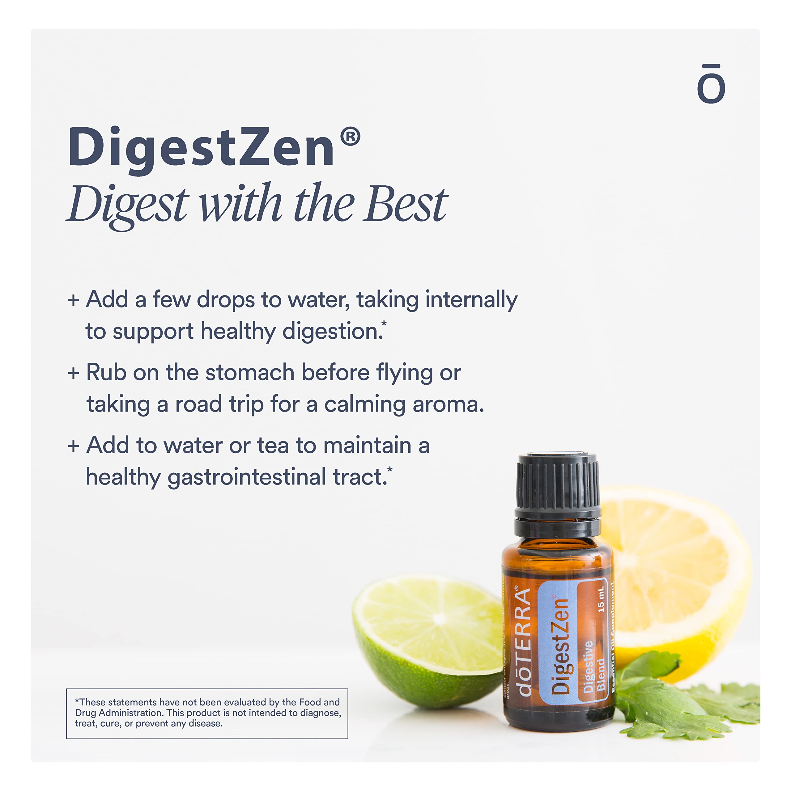 doTERRA DigestZen bottle label highlighting ingredients for digestion.