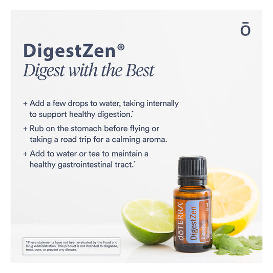 doTERRA DigestZen bottle label highlighting ingredients for digestion.