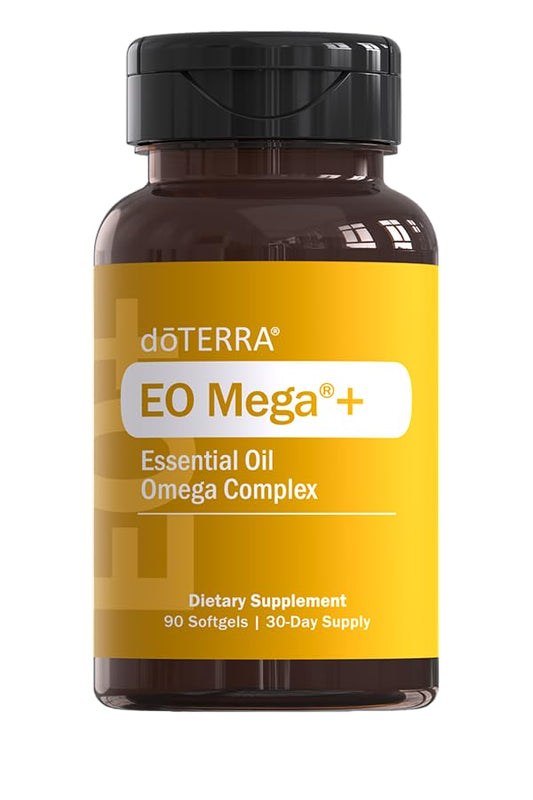 doTERRA EO Mega+ bottle on a clean surface, supports daily wellness with omega nutrients and essential oils.