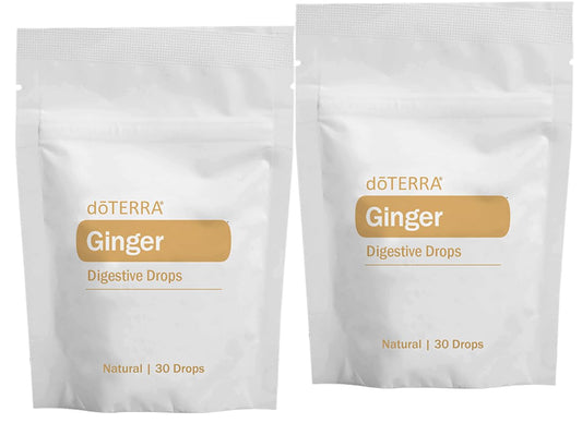doTERRA Ginger Throat Digestive Drops bag with 2-pack for on-the-go digestive support.