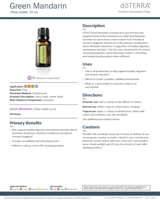 doTERRA Green Mandarin 15ml label image emphasizes quality essential oil for diffusers