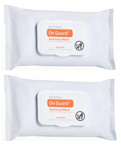 doTERRA On Guard hand wipes packaging 50-wipe duo for family use.