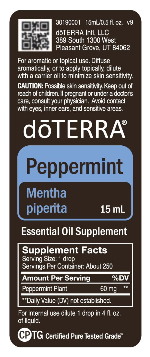 doTERRA Peppermint Oil packaging highlights purity and versatility.