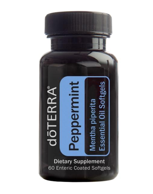 doTERRA Peppermint Softgels bottle front showing label with digestive support in mind.