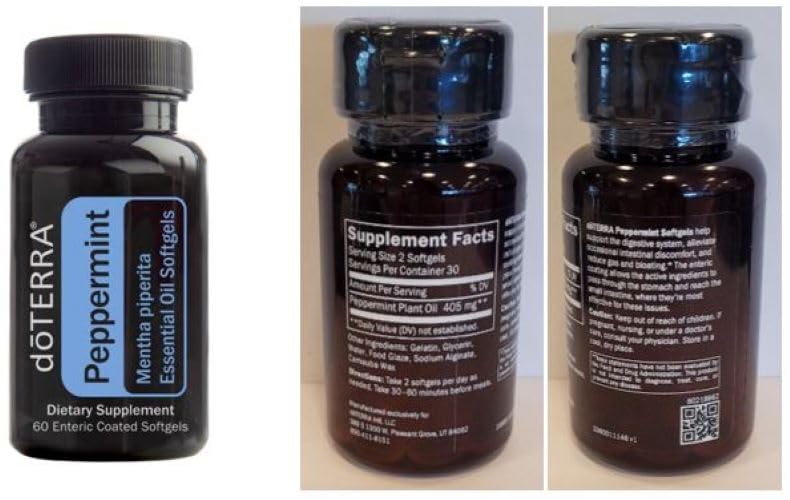 doTERRA Peppermint Softgels label close-up emphasizing peppermint oil benefits.