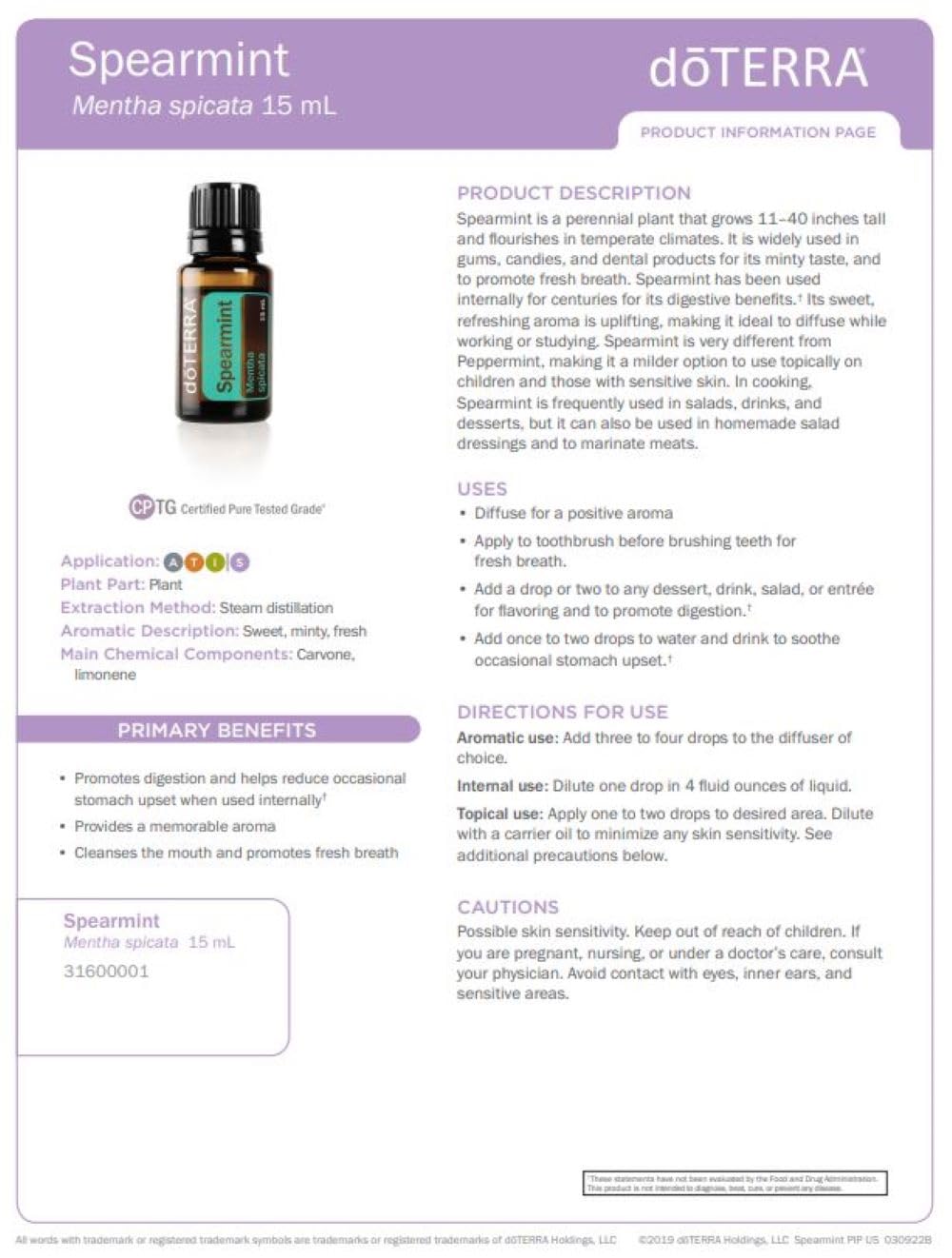 doTERRA Spearmint leaf label highlights natural, refreshing quality.