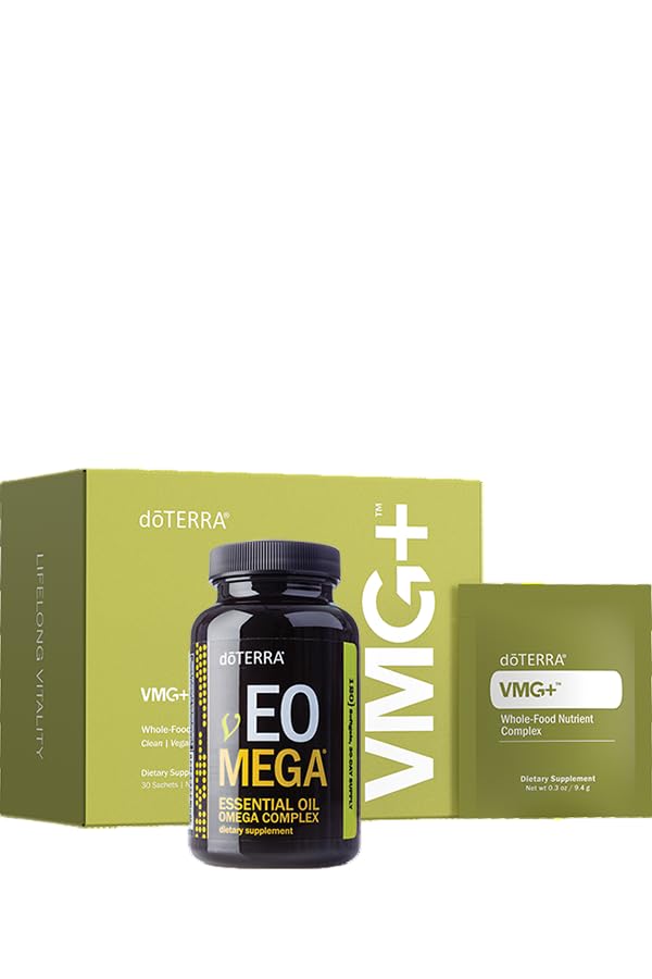 doTERRA VMG+ and vEO Mega vegan bottle showing plant-based vitamins and omegas for daily wellness