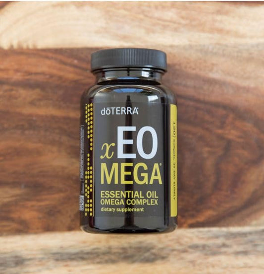 doTERRA xEO Mega label close-up highlights CPTG essential oils blend