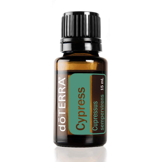 doTERRA Cypress essential oil bottle pour for energizing aroma and refreshing mood enhancement