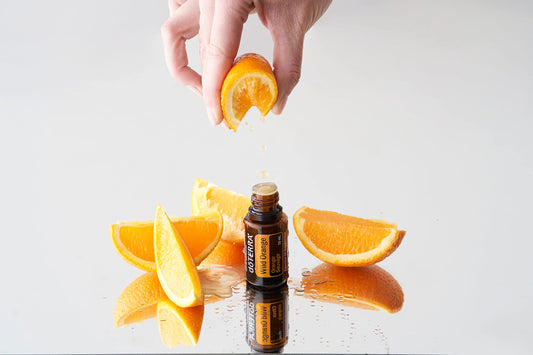 doTERRA Wild Orange bottle label close-up highlighting purity and scent.