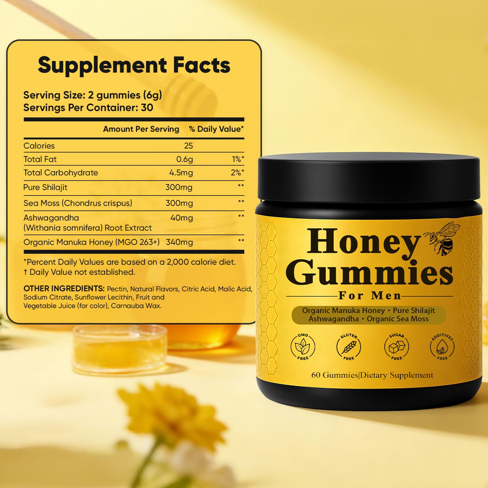 Dotkara Honey Gummies bottle on desk, convenient vegan vitality snack.