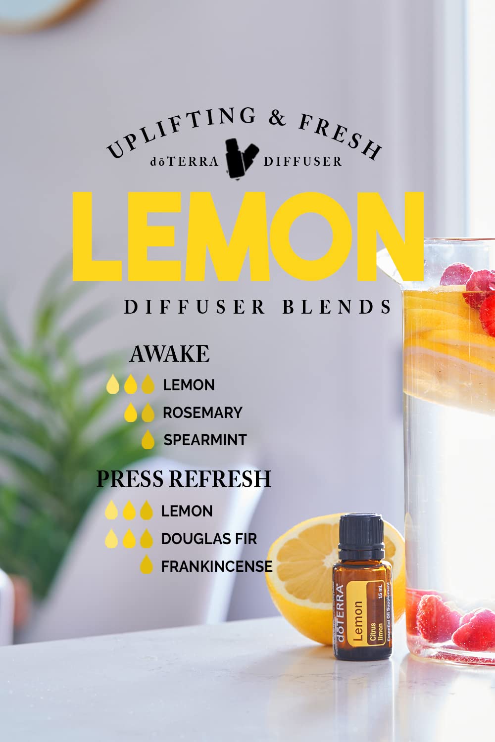 doTERRA lemon essential oil diffuser steam for a refreshing mood.