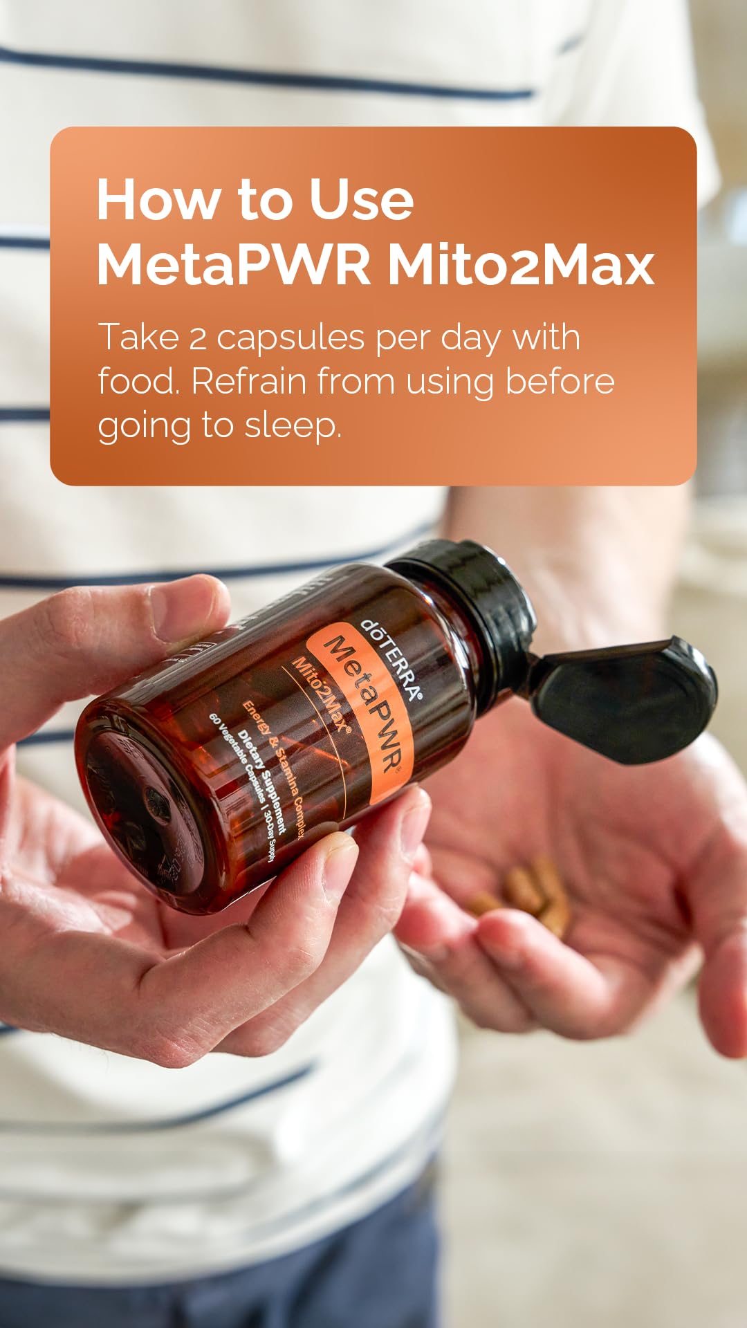 doTERRA MetaPWR Mito2Max product visuals imply antioxidant support.