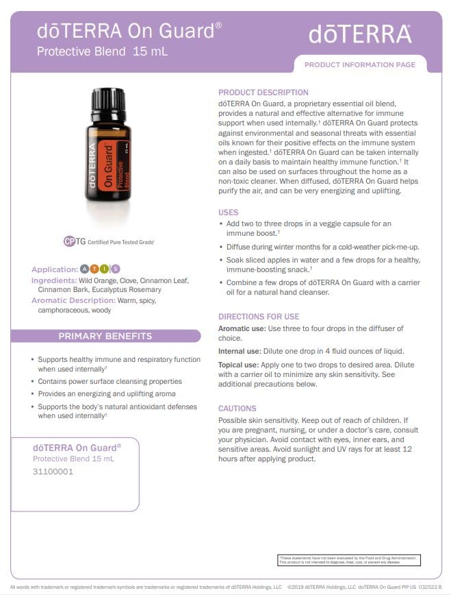 doTERRA On Guard ingredients card beside bottle highlights essential oils