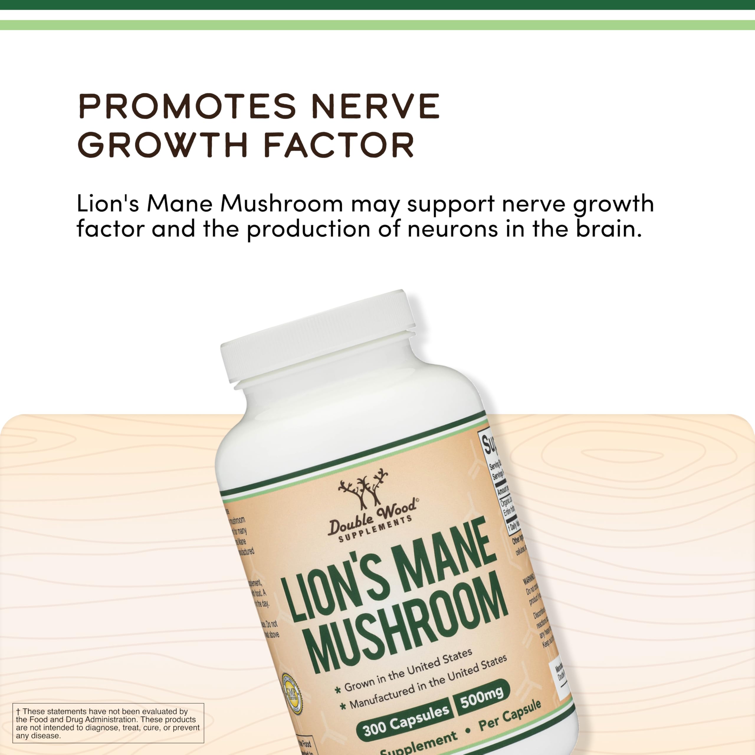 Double Wood Lion's Mane capsules in use suggest routine for cognitive focus.