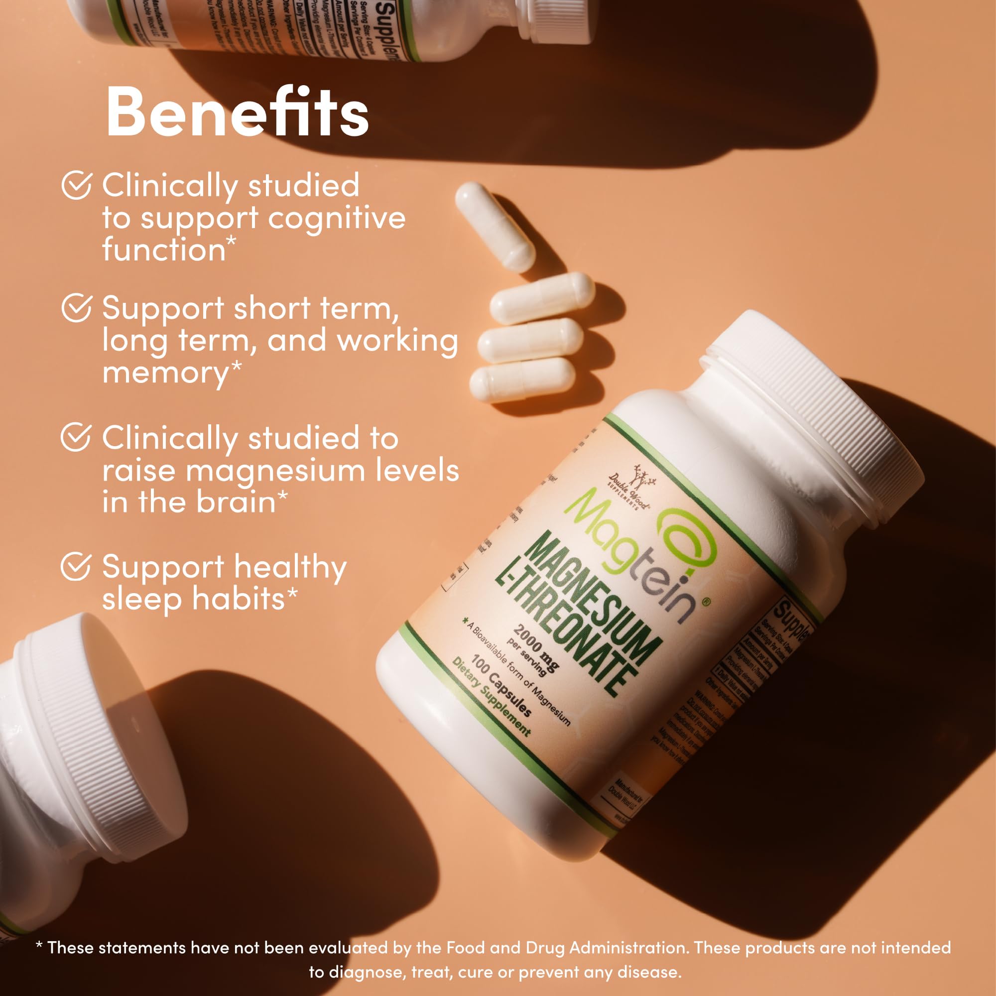 Double Wood Magtein capsules emphasize convenient, highly bioavailable brain-friendly magnesium intake.
