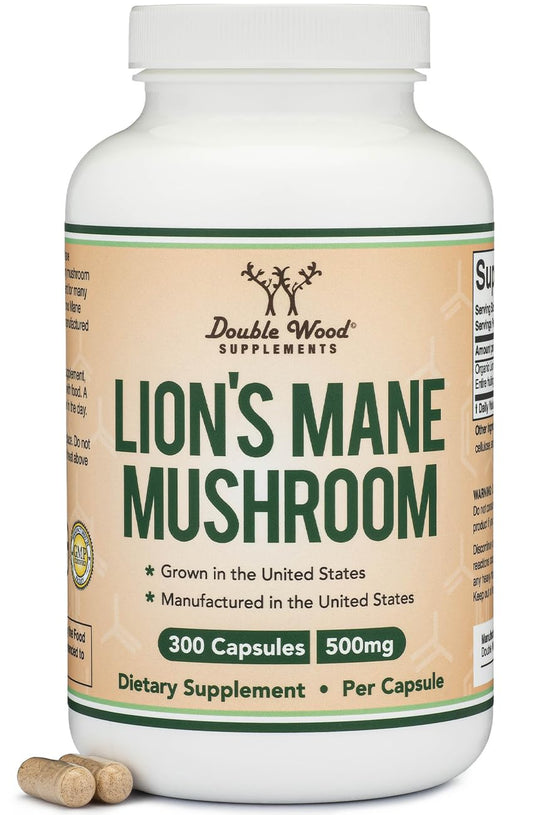 Double Wood Organic Lion's Mane bottle emphasizing focus support and immune wellness.