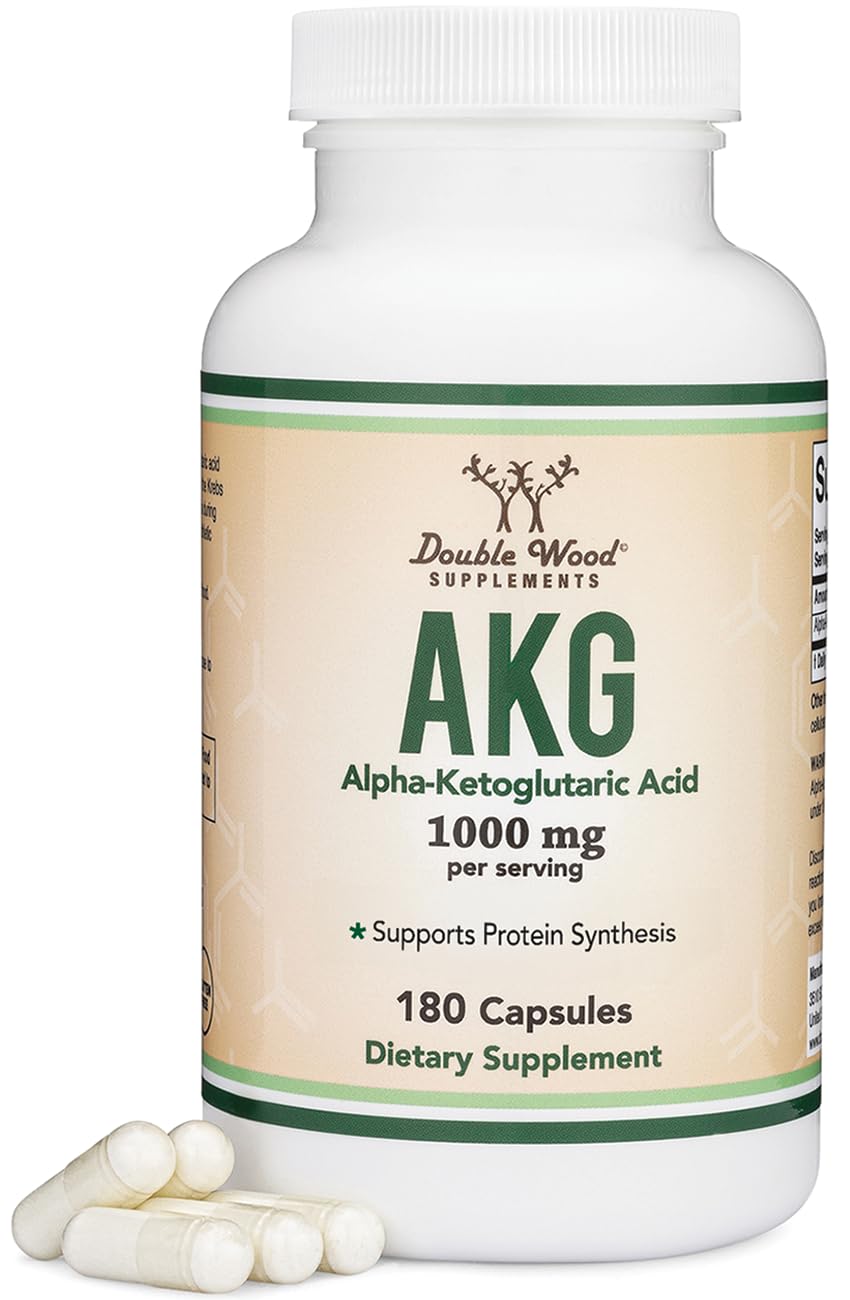 Double Wood AKG supplement bottle with 180 capsules, suggesting a convenient daily routine.