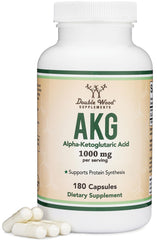 Double Wood AKG supplement bottle with 180 capsules, suggesting a convenient daily routine.