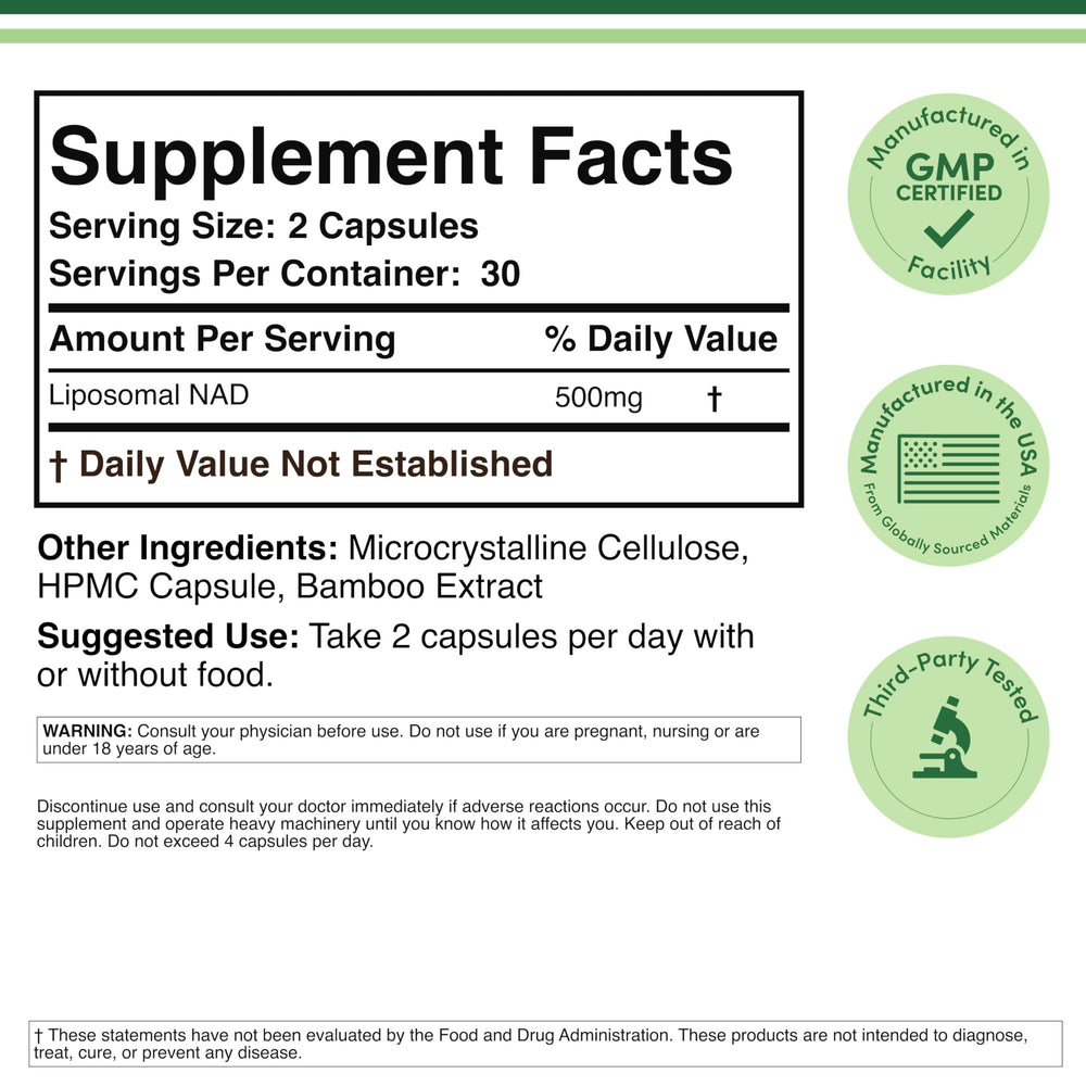 Double Wood Liposomal NAD+ label close-up with ingredient transparency.