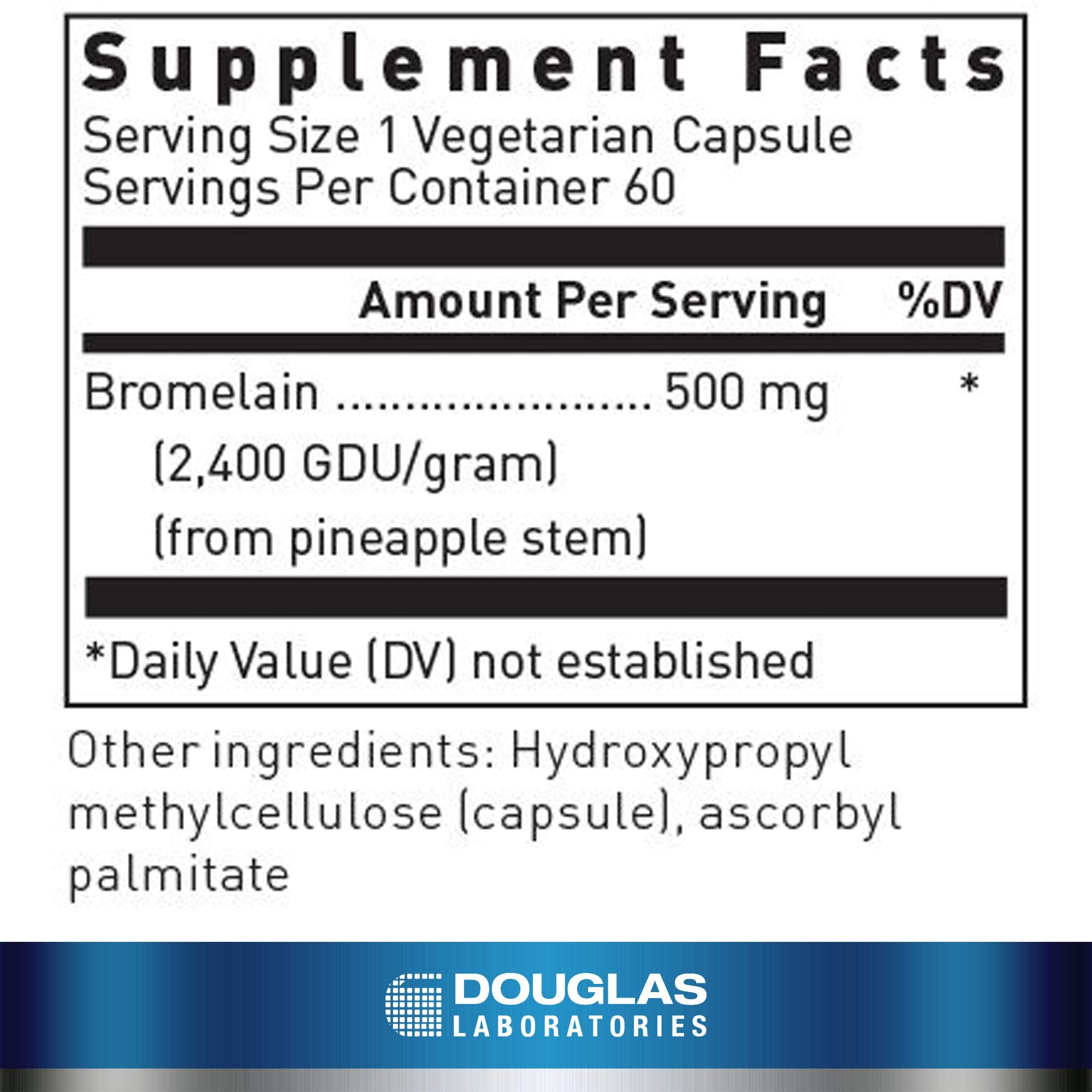 Douglas Laboratories Bromelain bottle label with dose and product details.