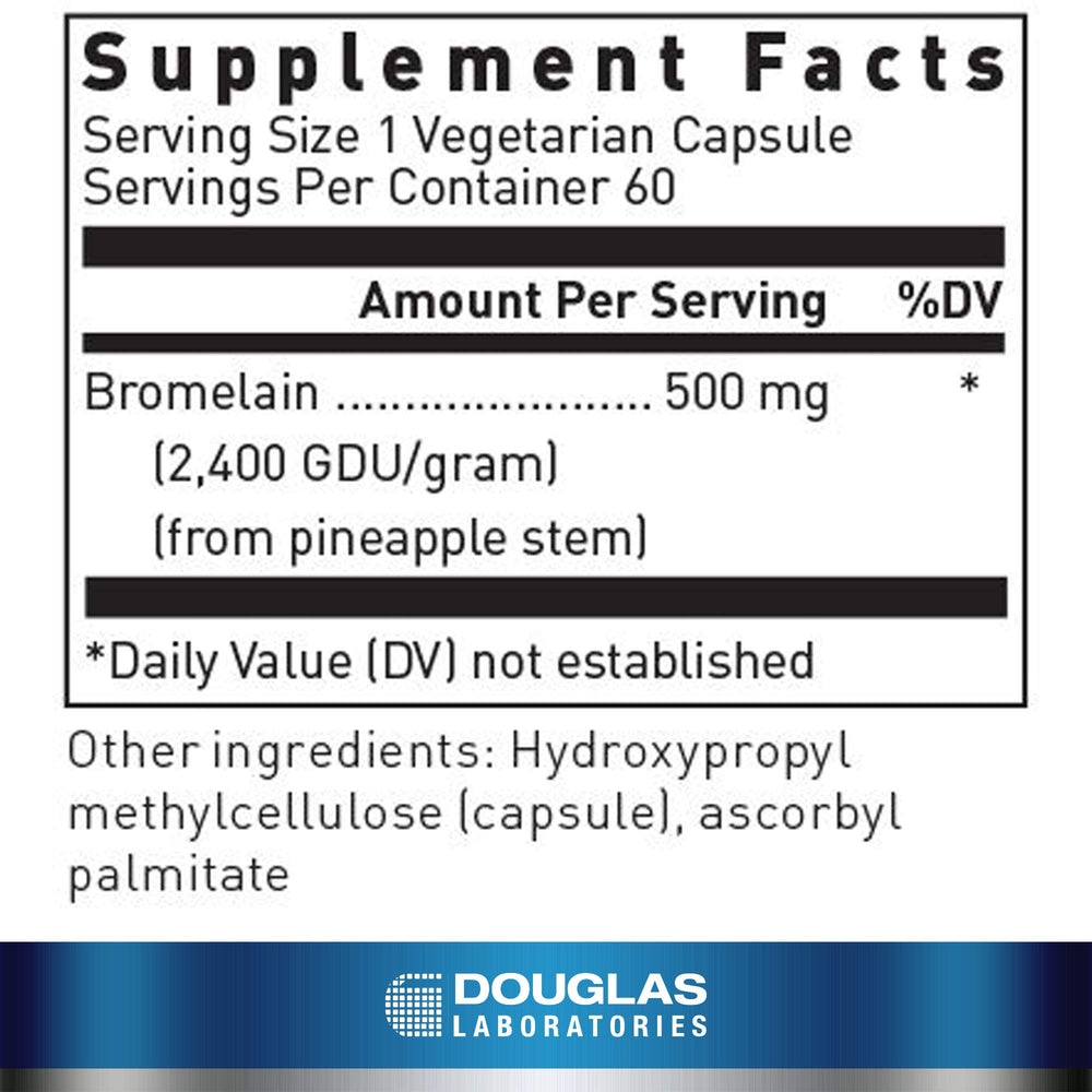 Douglas Laboratories Bromelain bottle label with dose and product details.