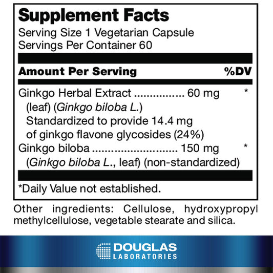 Douglas Laboratories Ginkgo Biloba Max-V bottle label close-up showing ingredients.