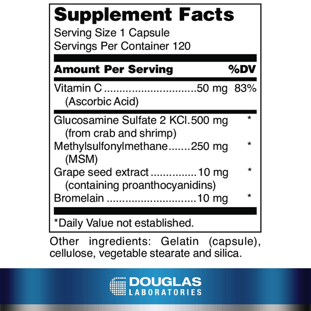 Douglas Laboratories Glucosamine + MSM Forte capsules ready for daily joint mobility support.