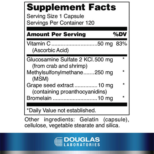 Douglas Laboratories Glucosamine + MSM Forte capsules ready for daily joint mobility support.