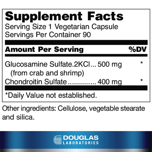 Douglas Laboratories Glucosamine Plus Extra Strength bottle label, emphasizing GMO-free quality and tissue health support.