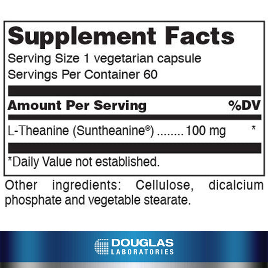 Douglas Laboratories L-Theanine bottle label shows 100 mg per vegetarian capsule.
